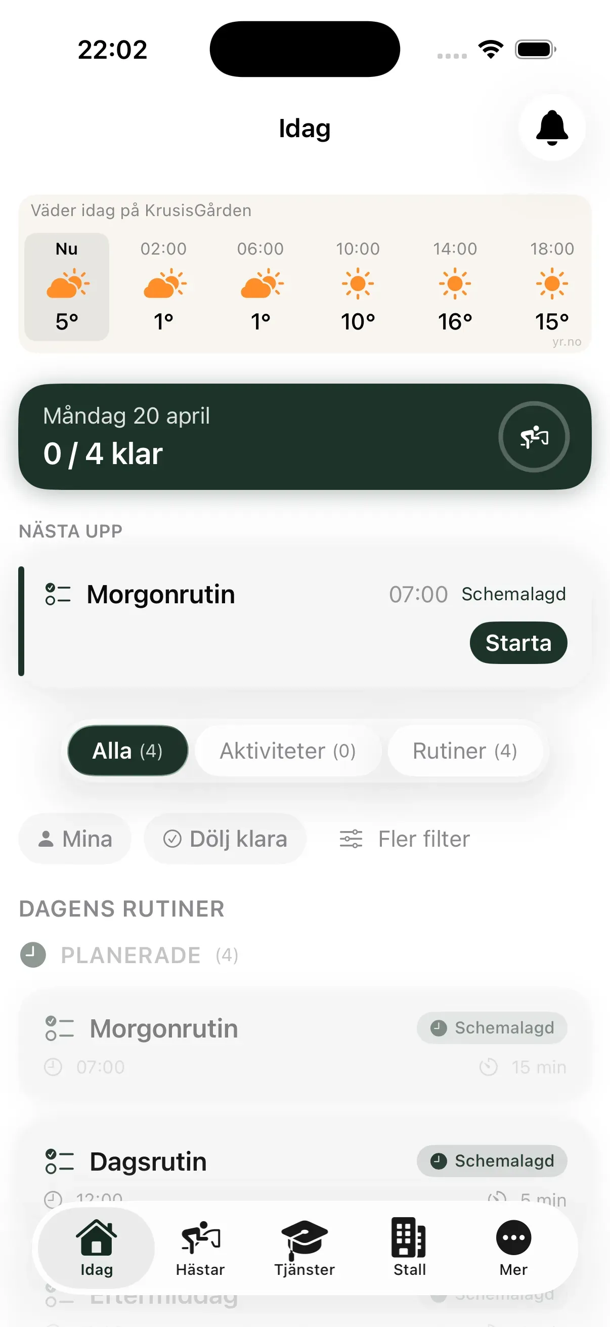 Dagens rutiner i EquiDuty-appen
