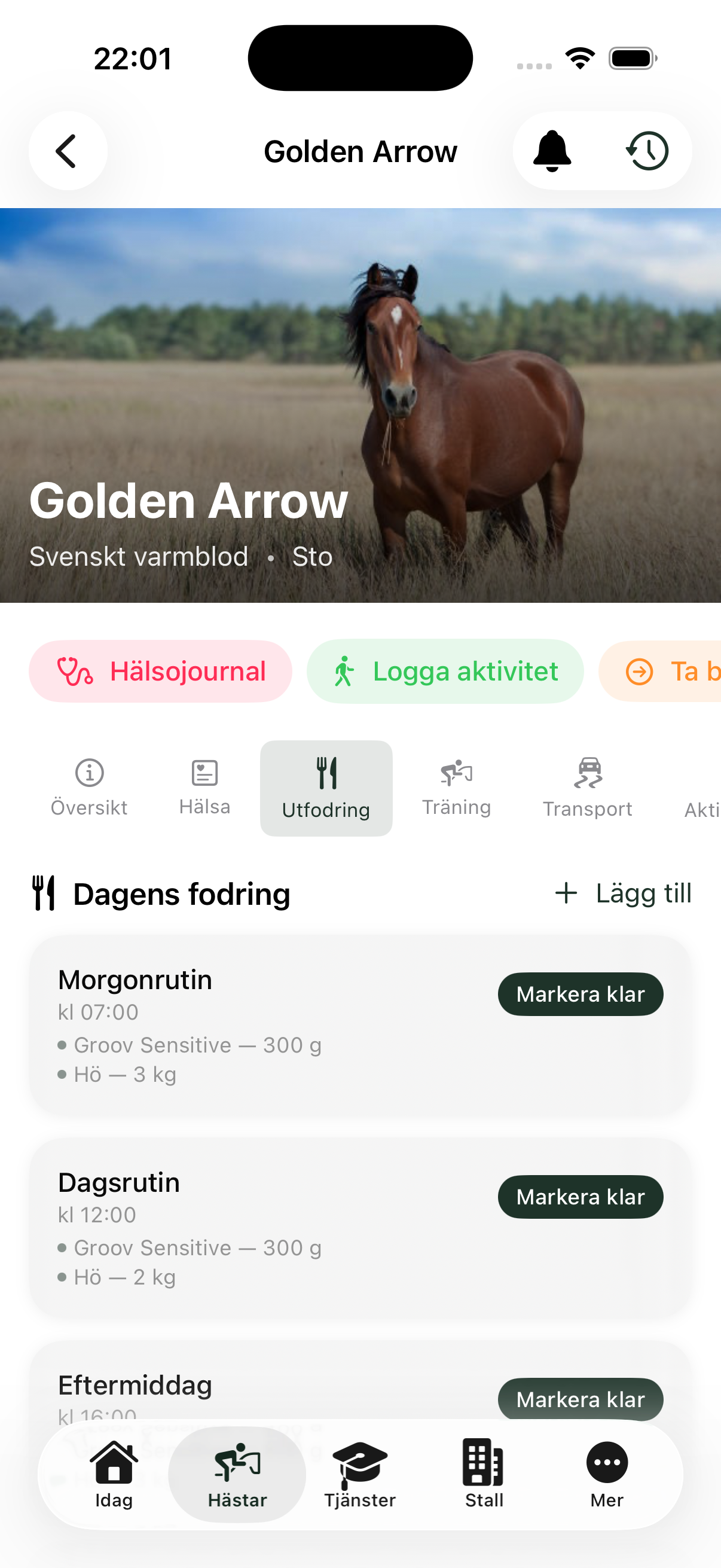 Hästprofil och utfodring i EquiDuty-appen