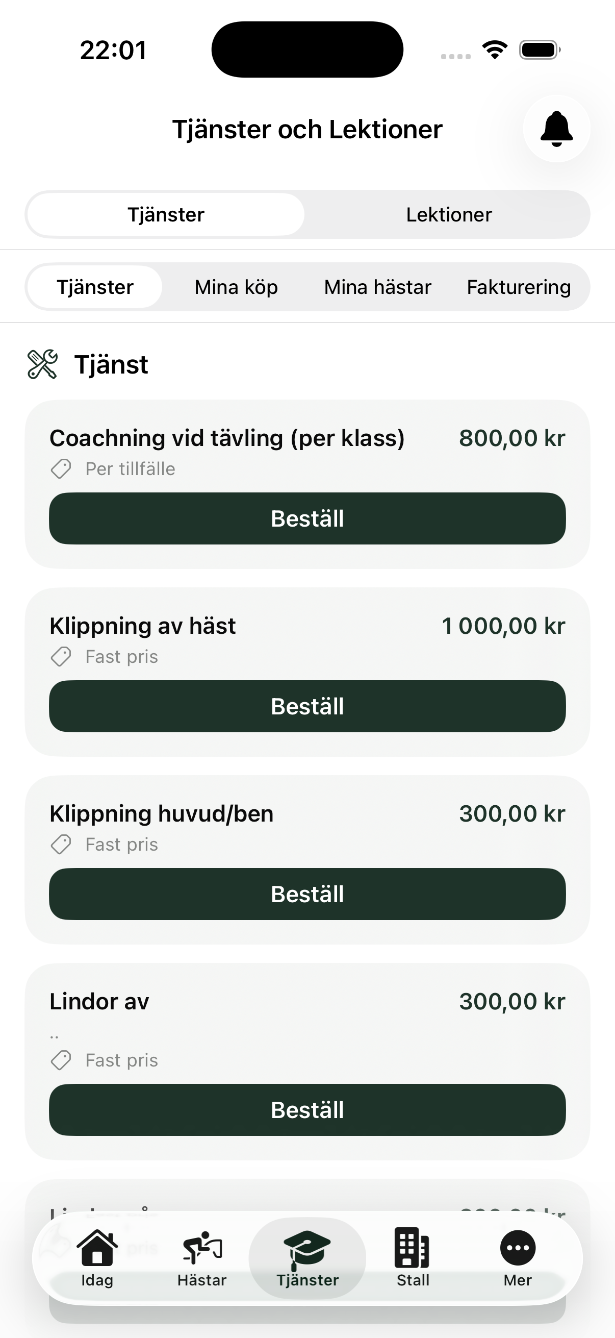 Tjänster och lektioner i EquiDuty-appen