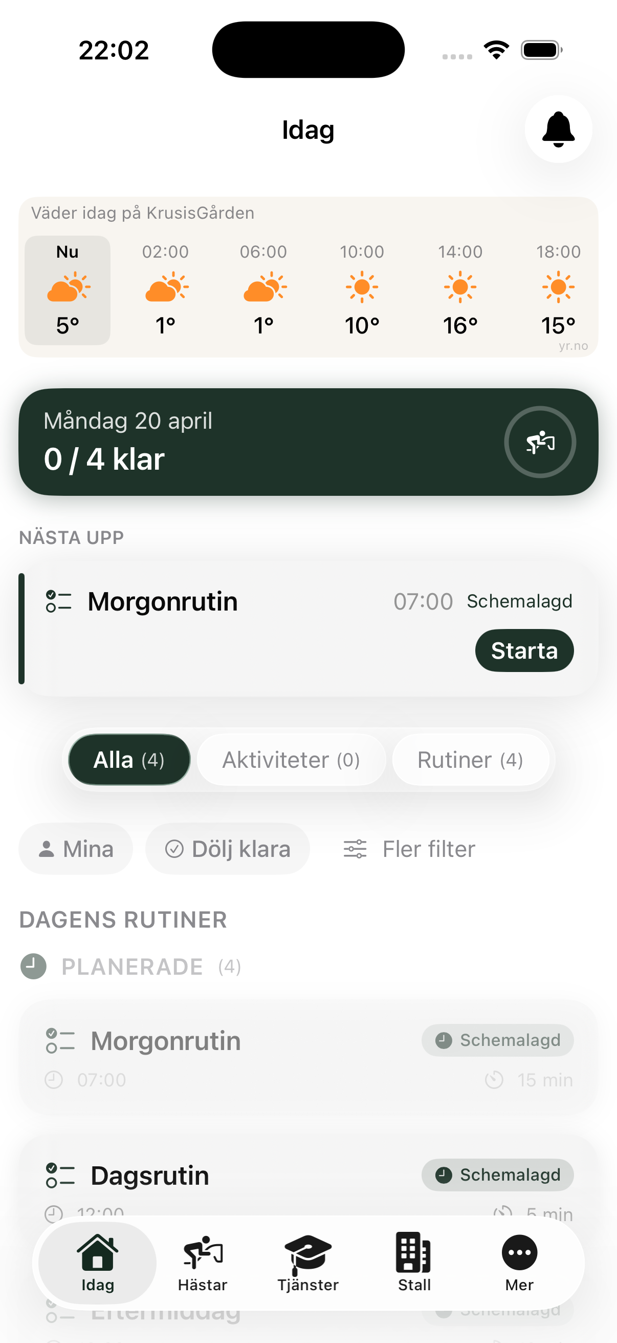 Dagens rutiner i EquiDuty-appen