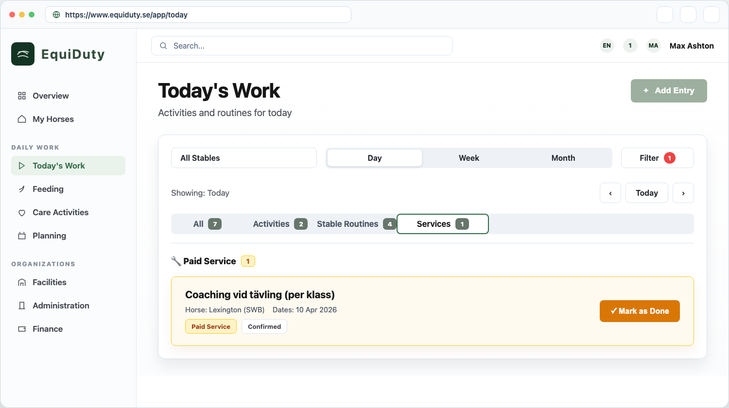 EquiDuty web app shown in Chrome at www.equiduty.se